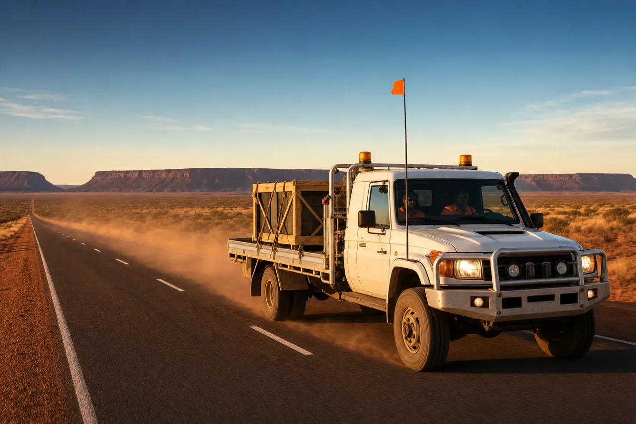 Two-up crew driving a white mine-spec hotshot truck on the Great Northern Highway through the Pilbara, Western Australia