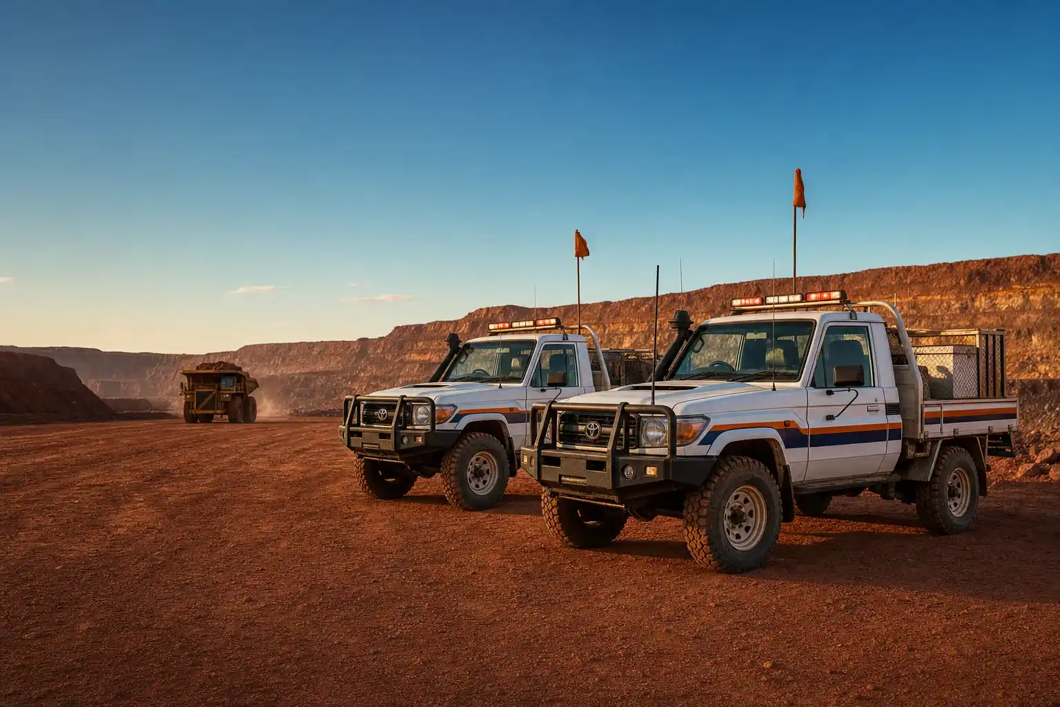 White mine-spec LandCruiser hotshot utes on a red-dirt Pilbara mine haul road, Western Australia